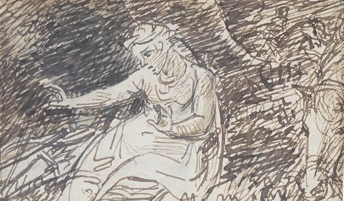 Attributed to Samuel Shelley (1750-1808), Classical study of a woman, miniature pen and ink on paper, 6 x 9cm